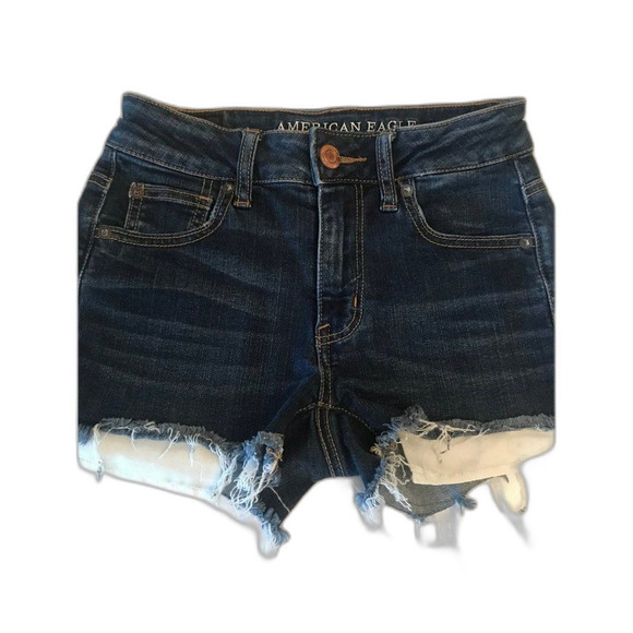American Eagle dark wash Denim hi-rise stretch jean shorts size 0 y2k - Picture 3 of 10